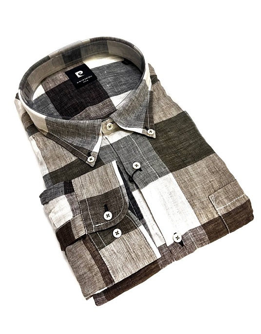 Рубашка льняная Pierre Cardin в клетку с длинным рукавом