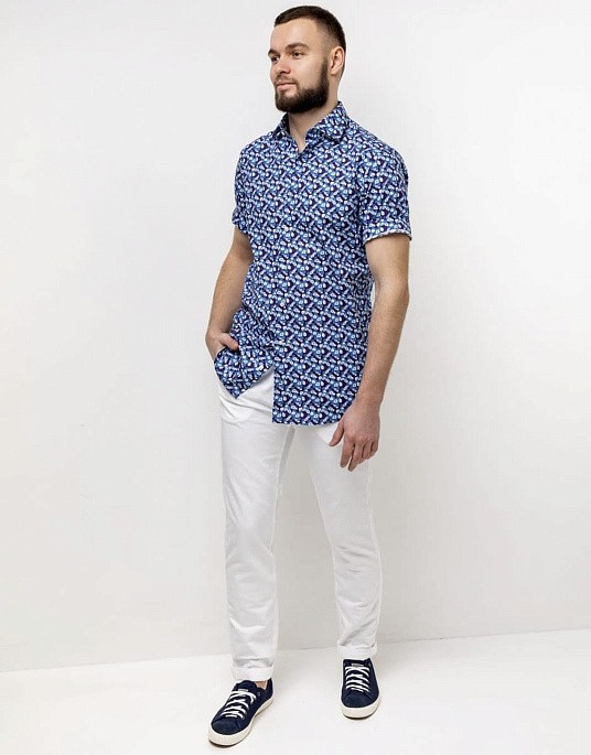 Сорочка з коротким рукавом Pierre Cardin з колекції Future Flex синя з квітковим принтом